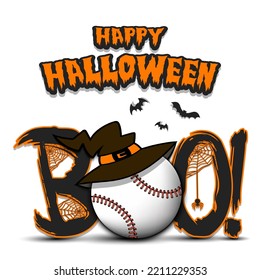 Happy Halloween. Banner Boo and baseball ball with witch hat. Design pattern for banner, poster, greeting card, flyer, party invitation. Vector illustration on an isolated background