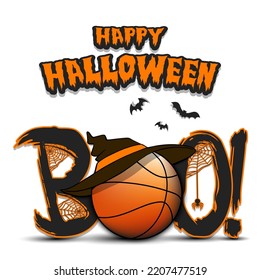Happy Halloween. Banner Boo and basketball ball with witch hat. Design pattern for banner, poster, greeting card, flyer, party invitation. Vector illustration on an isolated background
