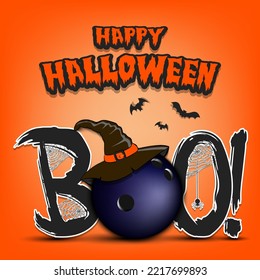 Happy Halloween. Banner Boo and bowling ball with witch hat. Design pattern for banner, poster, greeting card, flyer, party invitation. Vector illustration on an isolated background