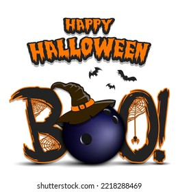 Happy Halloween. Banner Boo and bowling ball with witch hat. Design pattern for banner, poster, greeting card, flyer, party invitation. Vector illustration on an isolated background