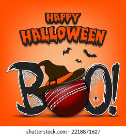 Happy Halloween. Banner Boo and Cricket ball with witch hat. Design pattern for banner, poster, greeting card, flyer, party invitation. Vector illustration on an isolated background