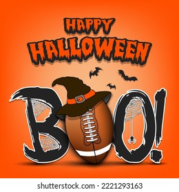 Happy Halloween. Banner Boo and football ball with witch hat. Design pattern for banner, poster, greeting card, flyer, party invitation. Vector illustration on an isolated background