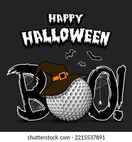 Happy Halloween. Banner Boo and golf ball with witch hat. Design pattern for banner, poster, greeting card, flyer, party invitation. Vector illustration on an isolated background