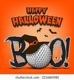 Feliz Halloween. Banner Boo y pelota de golf con sombrero de bruja. Patrón de diseño para banner, afiche, tarjeta de saludo, volante, invitación a fiesta. Ilustración vectorial en un fondo aislado