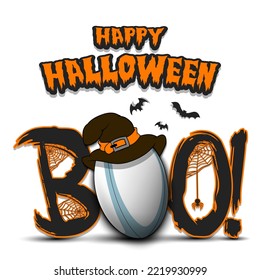 Happy Halloween. Banner Boo and rugby ball with witch hat. Design pattern for banner, poster, greeting card, flyer, party invitation. Vector illustration on an isolated background