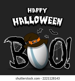 Happy Halloween. Banner Boo and rugby ball with witch hat. Design pattern for banner, poster, greeting card, flyer, party invitation. Vector illustration on an isolated background