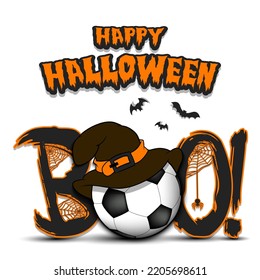 Happy Halloween. Banner Boo and Soccer ball with witch hat. Design pattern for banner, poster, greeting card, flyer, party invitation. Vector illustration on an isolated background