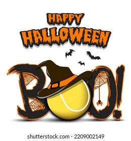 Happy Halloween. Banner Boo and tennis ball with witch hat. Design pattern for banner, poster, greeting card, flyer, party invitation. Vector illustration on an isolated background