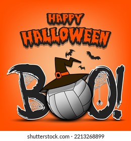 Happy Halloween. Banner Boo and volleyball ball with witch hat. Design pattern for banner, poster, greeting card, flyer, party invitation. Vector illustration on an isolated background