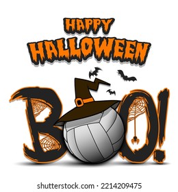 Happy Halloween. Banner Boo and volleyball ball with witch hat. Design pattern for banner, poster, greeting card, flyer, party invitation. Vector illustration on an isolated background