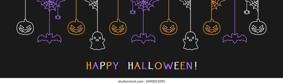 Happy Halloween banner or border with bats, ghost and jack o lantern pumpkins. Glowing Hanging Spooky Ornaments Decoration Vector illustration, trick or treat party invitation