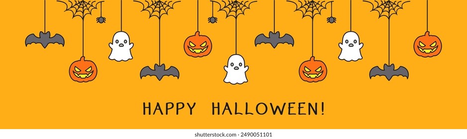 Happy Halloween banner or border with bats, ghost and jack o lantern pumpkins. Hanging Spooky Ornaments Decoration Vector illustration, trick or treat party invitation