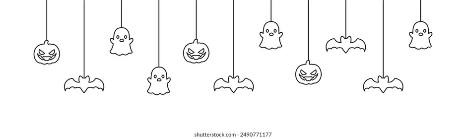 Happy Halloween banner or border with bats, spider web, ghost and jack o lantern pumpkins outline doodle. Hanging Spooky Ornaments Decoration Vector illustration, trick or treat party invitation