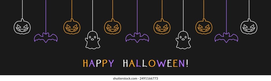 Happy Halloween banner or border with bats, ghost and jack o lantern pumpkins. Glowing Hanging Spooky Ornaments Decoration Vector illustration, trick or treat party invitation