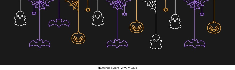 Happy Halloween Banner oder Grenze mit Fledermäusen, Geist und Jack o Laterne Kürbisse. Glühende Hängende Gespenstische Ornamente Dekoration Vektorillustration, Trick oder Leckerei Party Einladung