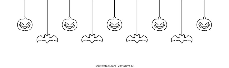 Feliz Anuncio de Halloween o borde con murciélagos y calabazas calabazas jack o lantern delinean doodle. Decoración de adornos fantasmagóricos colgantes Ilustración vectorial, truco o invitación de fiesta