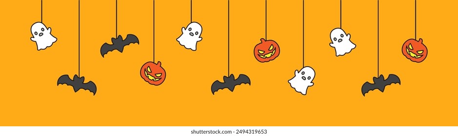 Happy Halloween banner or border with bats, ghost and jack o lantern pumpkins. Hanging Spooky Ornaments Decoration Vector illustration, trick or treat party invitation
