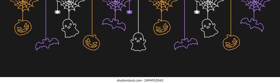 Happy Halloween banner or border with bats, ghost and jack o lantern pumpkins. Glowing Hanging Spooky Ornaments Decoration Vector illustration, trick or treat party invitation