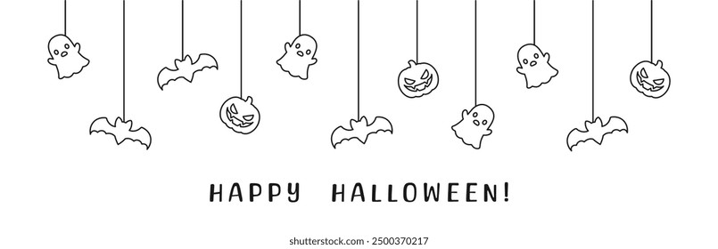 Feliz Anuncio de Halloween o borde con murciélagos, fantasma y calabazas de gato o linterna esbozo doodle. Colgando adornos espeluznantes Decoración Ilustración vectorial, truco o invitación de fiesta