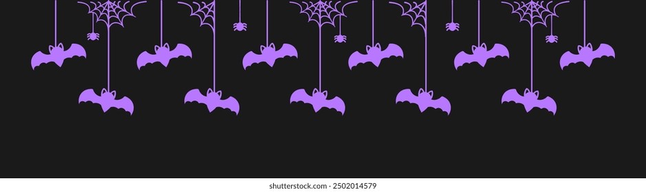 Happy Halloween banner border with bats hanging from spider webs. Spooky Ornaments Decoration Vector illustration, trick or treat party invitation