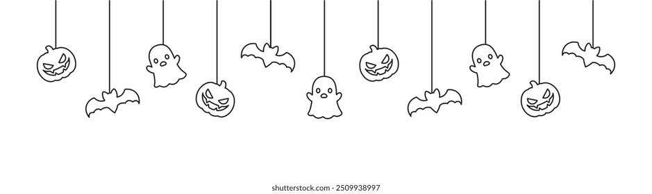 Happy Halloween banner or border with bats, ghost and jack o lantern pumpkins outline doodle. Hanging Spooky Ornaments Decoration Vector illustration, trick or treat party invitation