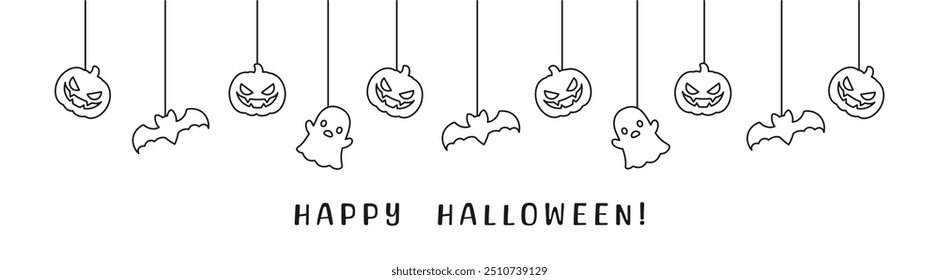 Feliz banner de Halloween ou borda com morcegos, fantasma e jack o lanterna abóboras esboço rabiscar. Pendurado Ornamentos Assustadores Decoração Vetor ilustração, truque ou tratar convite da festa