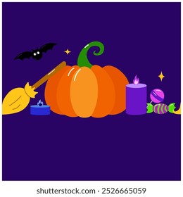 Feliz Anuncio de Halloween o borde con murciélagos, calabaza, vela, caramelos. Brillante colgando adornos espeluznantes Decoración Ilustración vectorial, truco o invitación de fiesta
