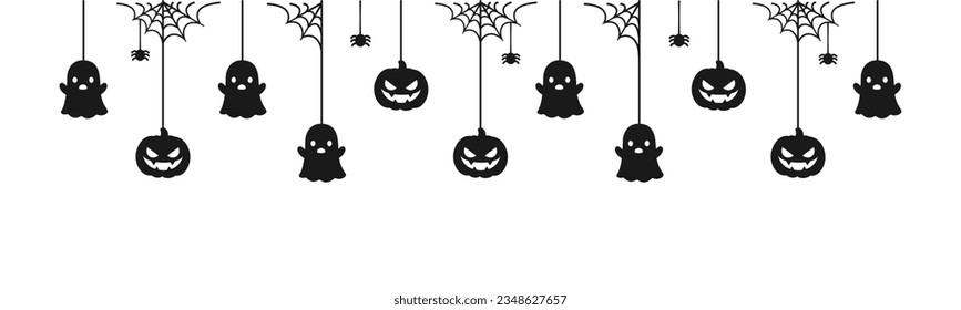 Happy Halloween banner or border with black spider web, ghost and jack o lantern pumpkins. Hanging Spooky Ornaments Decoration Vector illustration, trick or treat party invitation