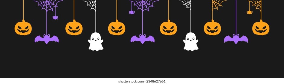 Happy Halloween banner or border with black bats, ghost and jack o lantern pumpkins. Hanging Spooky Ornaments Decoration Vector illustration, trick or treat party invitation