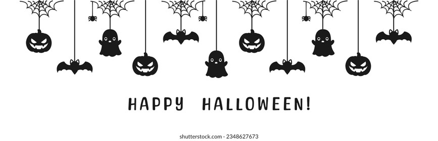 Happy Halloween banner or border with black bats, spider web, ghost and jack o lantern pumpkins. Hanging Spooky Ornaments Decoration Vector illustration, trick or treat party invitation