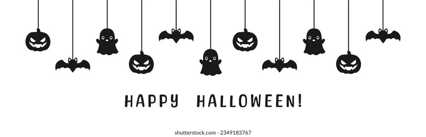 Happy Halloween banner or border with black bats, spider web, ghost and jack o lantern pumpkins. Hanging Spooky Ornaments Decoration Vector illustration, trick or treat party invitation