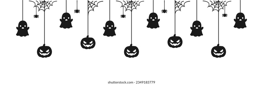 Happy Halloween banner or border with black spider web, ghost and jack o lantern pumpkins. Hanging Spooky Ornaments Decoration Vector illustration, trick or treat party invitation