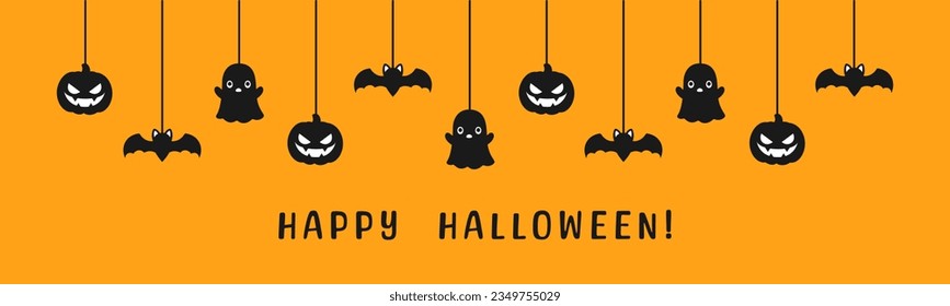Happy Halloween banner or border with black bats, ghost and jack o lantern pumpkins. Hanging Spooky Ornaments Decoration Vector illustration, trick or treat party invitation