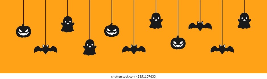 Happy Halloween banner or border with black bats, ghost and jack o lantern pumpkins. Hanging Spooky Ornaments Decoration Vector illustration, trick or treat party invitation