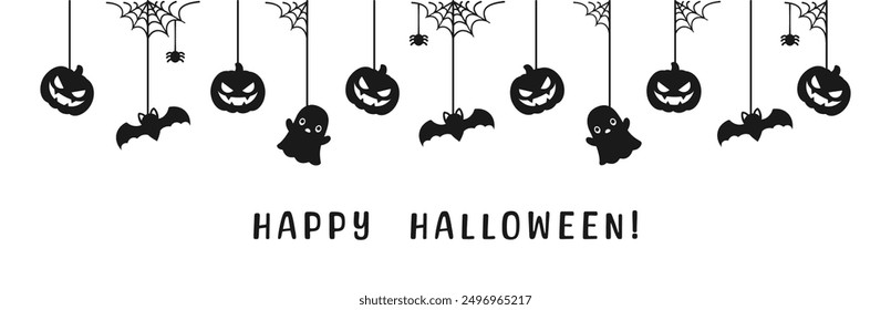 Happy Halloween banner or border with black bats, spider web, ghost and jack o lantern pumpkins. Hanging Spooky Ornaments Decoration Vector illustration, trick or treat party invitation