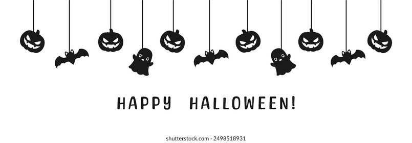 Happy Halloween banner or border with black bats, ghost and jack o lantern pumpkins silhouette. Hanging Spooky Ornaments Decoration Vector illustration, trick or treat party invitation