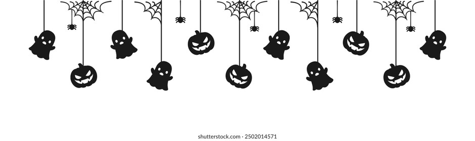 Happy Halloween banner or border with black ghost and jack o lantern pumpkins. Hanging Spooky Ornaments Decoration Vector illustration, trick or treat party invitation