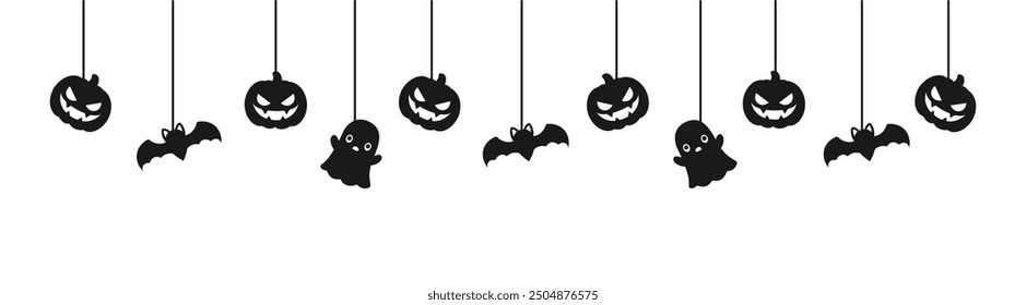 Happy Halloween banner or border with black bats, ghost and jack o lantern pumpkins silhouette. Hanging Spooky Ornaments Decoration Vector illustration, trick or treat party invitation