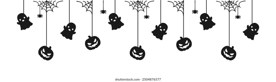 Happy Halloween banner or border with black ghost and jack o lantern pumpkins. Hanging Spooky Ornaments Decoration Vector illustration, trick or treat party invitation