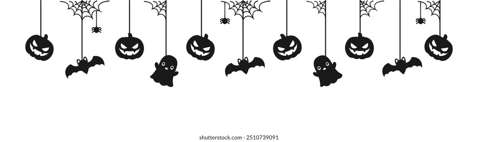 Happy Halloween banner or border with black bats, spider web, ghost and jack o lantern pumpkins. Hanging Spooky Ornaments Decoration Vector illustration, trick or treat party invitation