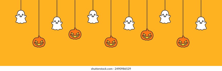 Happy Halloween banner or border with ghost and jack o lantern pumpkins. Hanging Spooky Ornaments Decoration Vector illustration, trick or treat party invitation