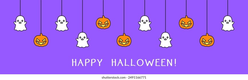 Feliz Anuncio de Halloween o frontera con calabazas fantasma y jack o lantern. Decoración de adornos fantasmagóricos colgantes Ilustración vectorial, truco o invitación de fiesta