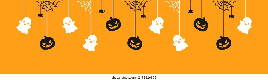 Happy Halloween banner or border with ghost and jack o lantern pumpkins. Hanging Spooky Ornaments Decoration Vector illustration, trick or treat party invitation