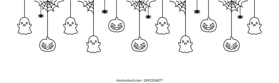 Happy Halloween banner or border with ghost and jack o lantern pumpkins outline doodle. Hanging Spooky Ornaments Decoration Vector illustration, trick or treat party invitation