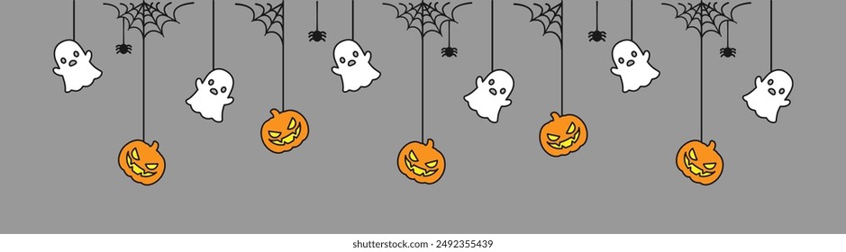 Happy Halloween banner or border with ghost and jack o lantern pumpkins. Hanging Spooky Ornaments Decoration Vector illustration, trick or treat party invitation