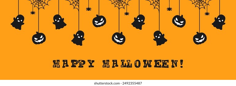 Happy Halloween banner or border with ghost and jack o lantern pumpkins. Hanging Spooky Ornaments Decoration Vector illustration, trick or treat party invitation