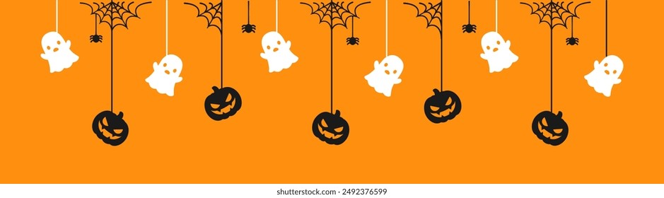 Happy Halloween banner or border with ghost and jack o lantern pumpkins. Hanging Spooky Ornaments Decoration Vector illustration, trick or treat party invitation