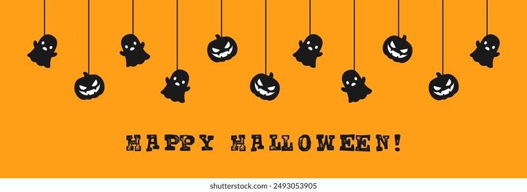 Happy Halloween banner or border with ghost and jack o lantern pumpkins. Hanging Spooky Ornaments Decoration Vector illustration, trick or treat party invitation