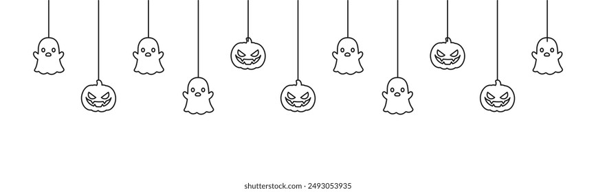 Happy Halloween banner or border with ghost and jack o lantern pumpkins outline doodle. Hanging Spooky Ornaments Decoration Vector illustration, trick or treat party invitation