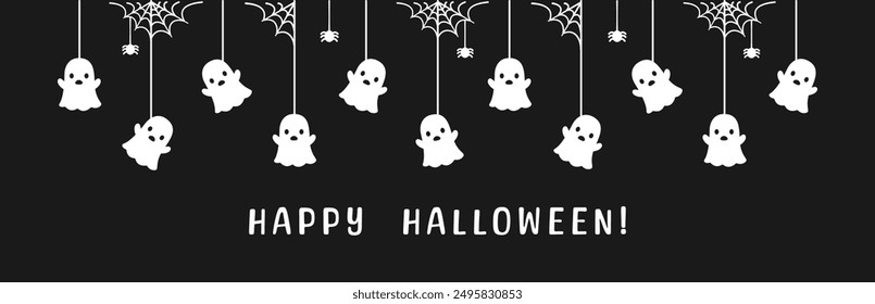 Frontera de Anuncio feliz de Halloween con fantasma colgando de telarañas. Adornos espeluznantes Decoración Ilustración vectorial, truco o invitación de fiesta